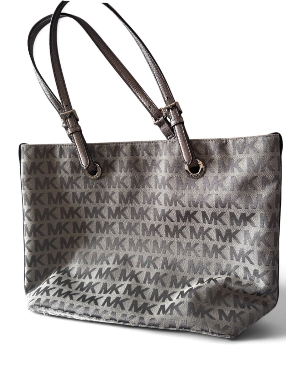 Michael Kors Gray MK Signature Jacquard Tote Shoulder Bag Metallic Trim